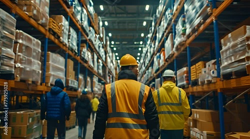 three workers are sorting goods in a warehouse photo