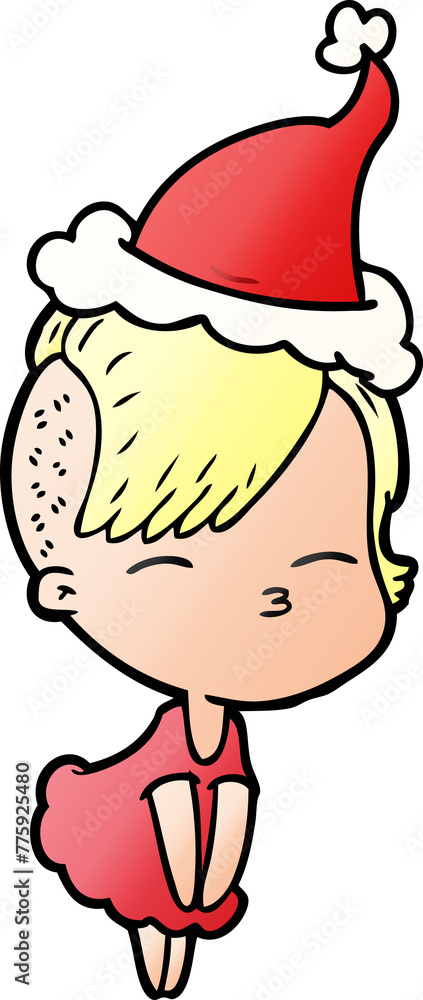 hand drawn gradient cartoon of a squinting girl in dress wearing santa hat hand drawn gradient cartoon of a squinting girl in dress wearing santa hat