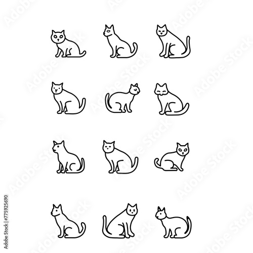 A set of beautiful simple cat icons and symbols that are sitting and full body view