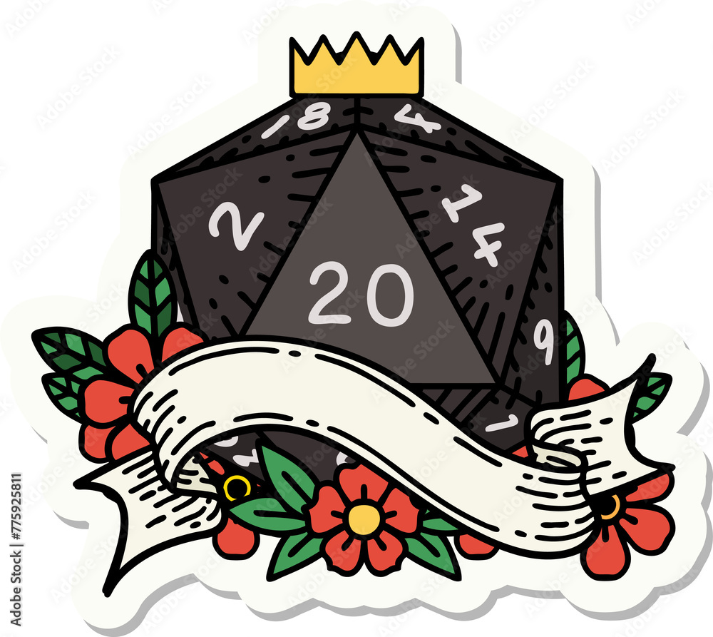 sticker of a natural twenty D20 dice roll