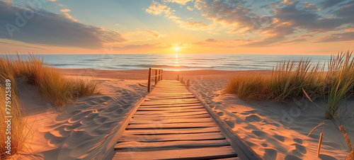 wooden way to the romantic beach at the sea with dunes and waves photo