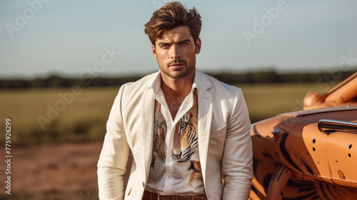 Visualize a suave tiger in a tailored safari jacket, accessorized with a leather belt and aviator sunglasses. Amidst a backdrop of savannah plains, it exudes rugged charm and safari chic. The vibe: ad