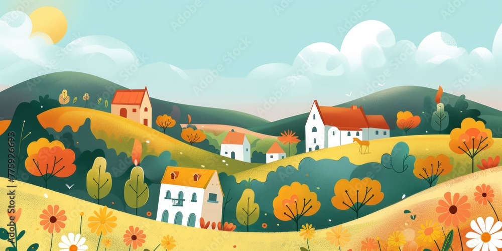 A scenic illustration of a village nestled in the mountains. Perfect for travel brochures or nature themed designs