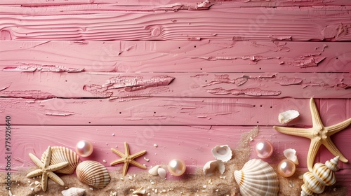 pearl, sea shells, and starfish on a pink wooden background with space for text. Summer beach concept.