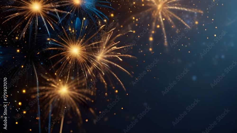 abstract gold, black and blue glitter background with fireworks. christmas eve, 4th of july holiday concept Generative  AI