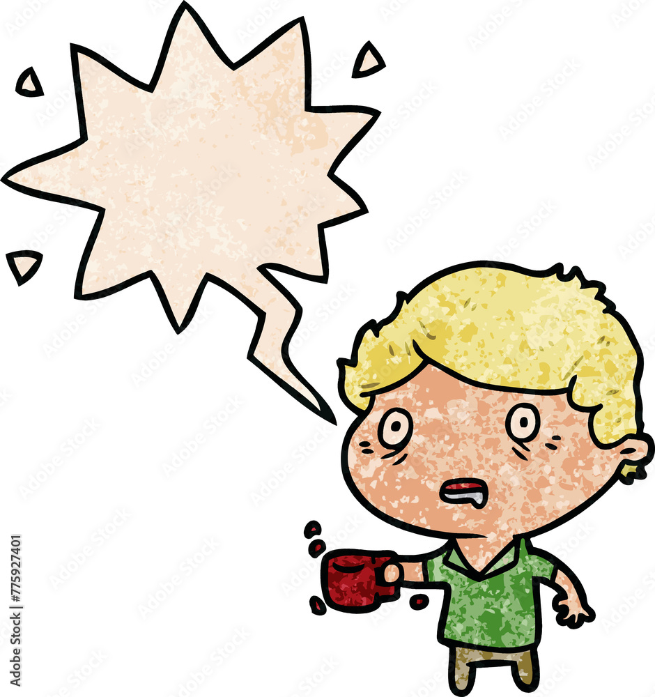 cartoon man jittery from drinking too much coffee with speech bubble in retro texture style cartoon man jittery from drinking too much coffee with speech bubble in retro texture style