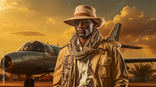 Visualize a suave tiger in a tailored safari jacket, accessorized with a leather belt and aviator sunglasses. Amidst a backdrop of savannah plains, it exudes rugged charm and safari chic. The vibe: ad