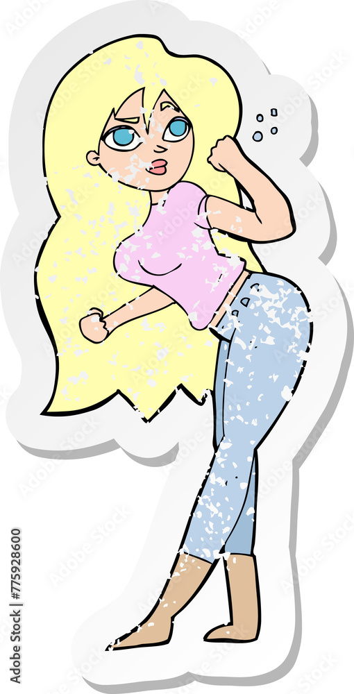 retro distressed sticker of a cartoon woman raising fist retro distressed sticker of a cartoon woman raising fist