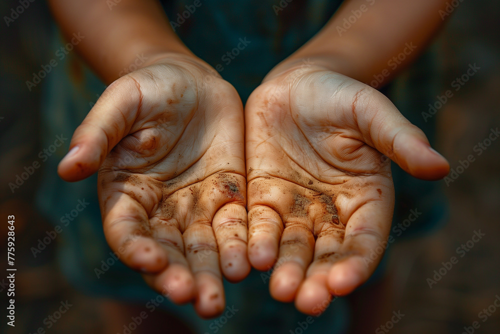 Fototapeta premium Child's hands, sand, unrecognizable person, dirt, concept, female