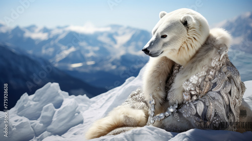 sleek polar bear in a tailored fur coat, adorned with silver snowflake brooches and a crystal pendant. Against a backdrop of icy landscapes, it exudes Arctic glamour and poise. The atmosphere: frosty 