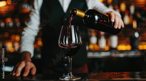 The symphony of flavors begins as a waiter's hand pours a ruby-red stream of wine into a waiting glass, setting the stage for a memorable experience.