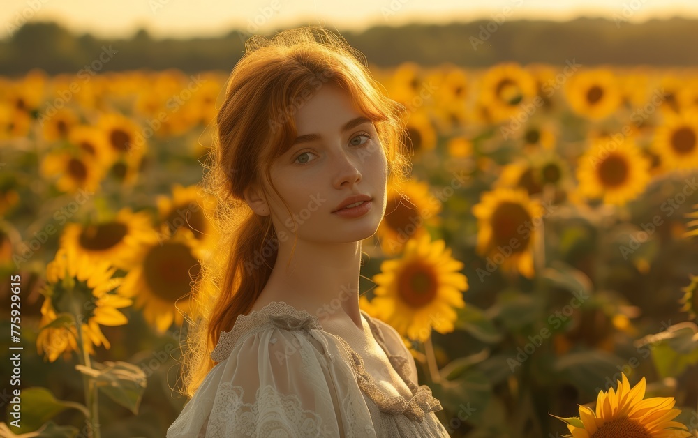 Naklejka premium Sunset Serenity in a Sunflower Field