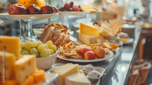 Morning Breakfast Selection at a Business Hotel: Wide Variety of Cheese and Fruit Options for a Healthy Start to the Day. Small Depth of Field, Emphasizing Detail