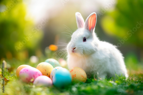 Easter bunny sitting outdoors in the grass with Easter eggs © Evgenia