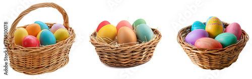Multi colors Easter eggs in the woven basket