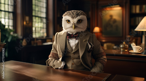 Envision a debonair owl in a tweed vest, paired with a bow tie and a leather satchel. Amidst a backdrop of library shelves, it exudes scholarly charm and intellectual refinement. The ambiance: studiou