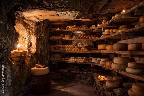 old cheese in an old, abandoned cellar with industrial architecture, steel, and wood, illuminated by dim lights, creating a dark, ancient atmosphere