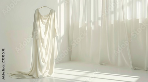 White dress hanging on a hanger in a room. Suitable for fashion or wardrobe concepts