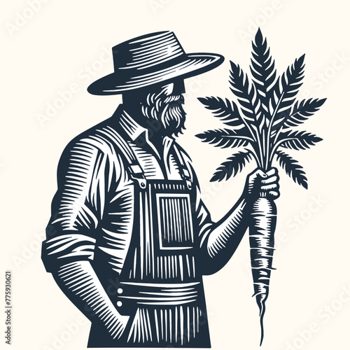Farmer Holding a Carrot. Vintage woodcut engraving style vector illustration.
