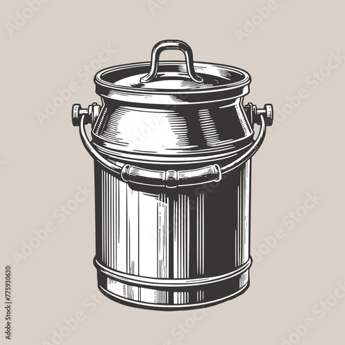 Stainless Steel Bucket with Lid. Vintage woodcut engraving style vector illustration.