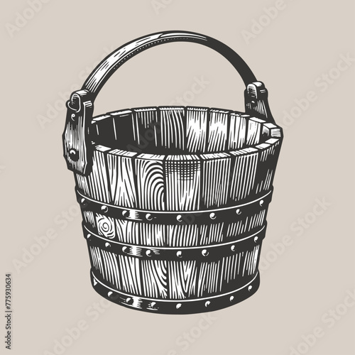 Wooden Bucket. Vintage woodcut engraving style vector illustration.