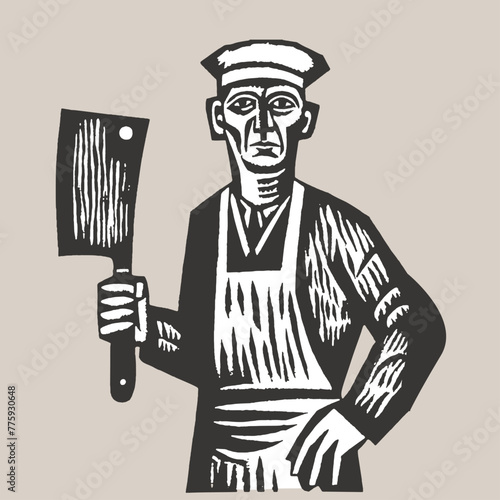Butcher Linocut. Vintage woodcut engraving style vector illustration.