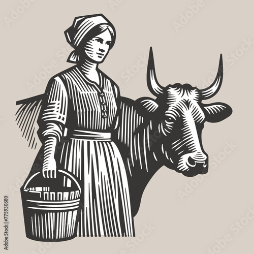 Milkmaid beside a Cow. Vintage woodcut engraving style vector illustration.