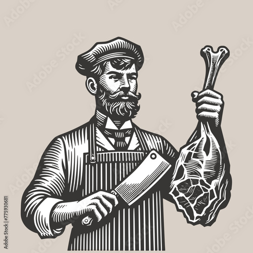 Butcher Holding a Prime Cut. Vintage woodcut engraving style vector illustration.