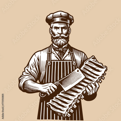 Butcher Holding a Prime Ribs. Vintage woodcut engraving style vector illustration.