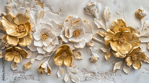 Light decorative texture of a plaster wall with voluminous decorative flowers and golden elements. © MiaStendal
