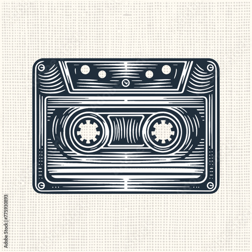 Vintage Audio Tape. Vintage woodcut linocut style vector illustration.