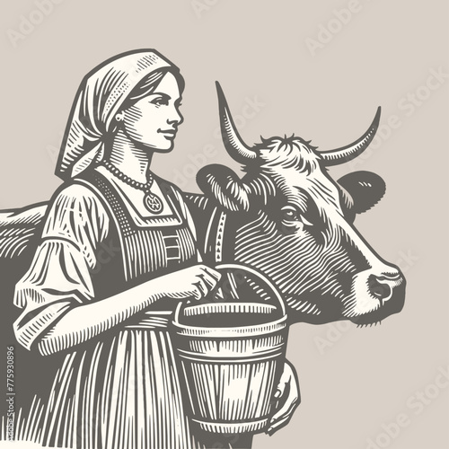 Milkmaid Holding a Bucket Standing Beside a Cow . Vintage woodcut linocut style vector illustration.