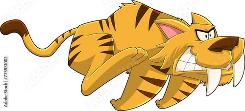 Saber Tooth Tiger Animal Cartoon Character Running.  Vector Hand Drawn Illustration Isolated On Transparent Background