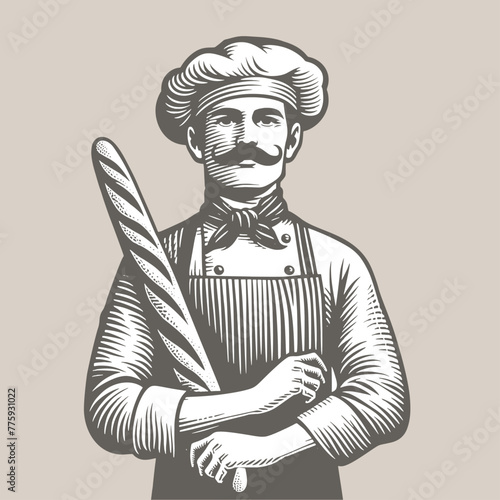 Baker with Bread. Vintage woodcut linocut style vector illustration.
