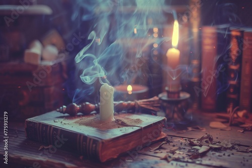 ancient spellbook with candlelight casting mysterious shadows in a wizard's den