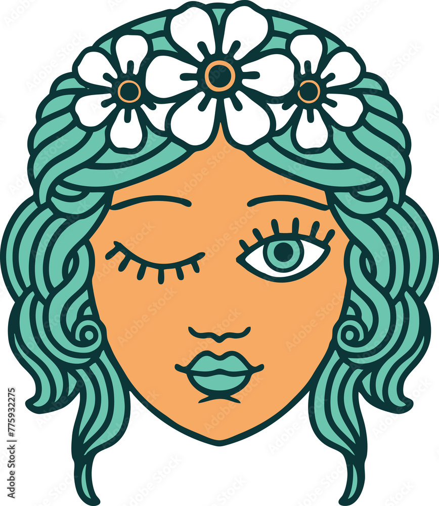 iconic tattoo style image of a maidens face winking