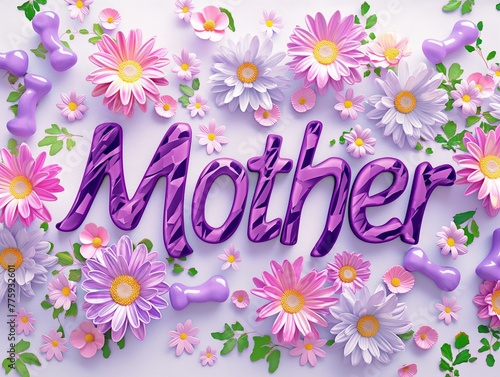 3D text Mother with colorful spring flowers and daisies,sheet with purple and pink candy corn white background, muted pastel ,It has purple gummy bears, clipart style