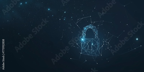 Abstract closed lock without key on dark blue background. Protect or security symbol composed of polygons. Low poly vector illustration of a starry sky or Comos, consists of lines, dots and shapes.