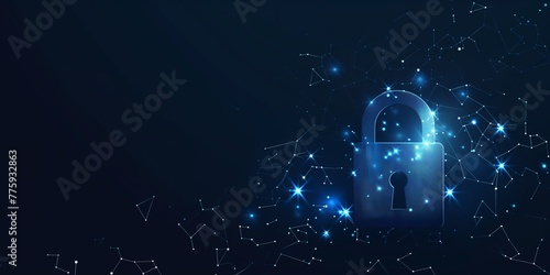 Abstract closed lock without key on dark blue background. Protect or security symbol composed of polygons. Low poly vector illustration of a starry sky or Comos, consists of lines, dots and shapes.