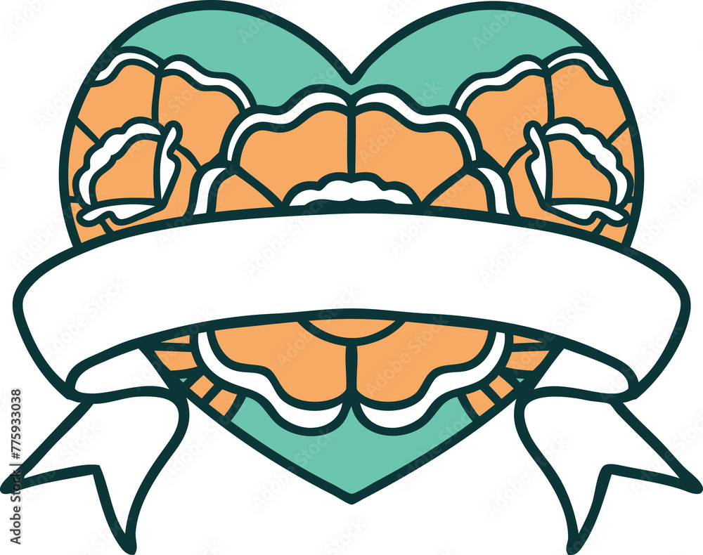iconic tattoo style image of a heart and banner with flowers iconic tattoo style image of a heart and banner with flowers