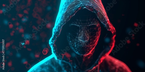 Abstract digital hacker. Cyber security concept. A man wearing a hoodie with a hidden face in front of a computer. Cyber attack and data hack. Fraud man. 3D Vector polygonal wireframe illustration. photo