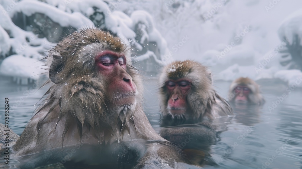 Group of monkeys relaxing in a body of water, suitable for nature or wildlife themes
