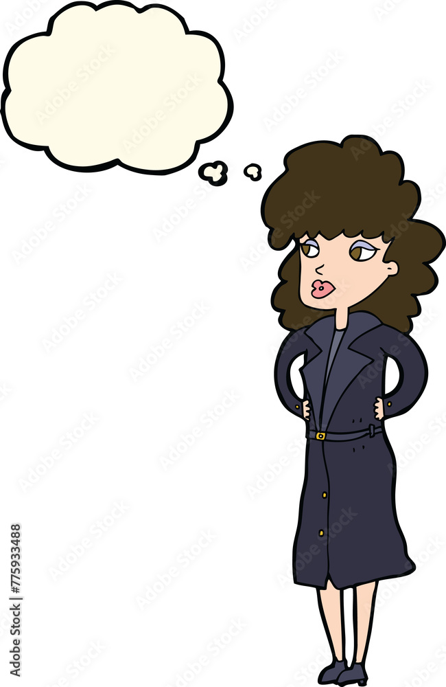 cartoon woman in trench coat with thought bubble cartoon woman in trench coat with thought bubble