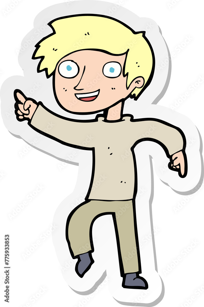 sticker of a cartoon happy boy pointing sticker of a cartoon happy boy pointing