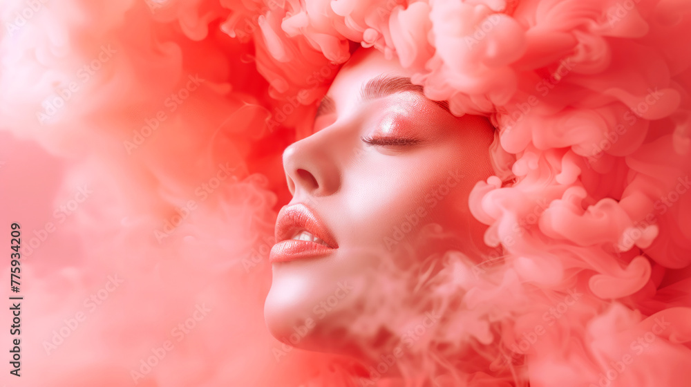 A woman with pink hair and makeup is surrounded by smoke. The smoke is pink and it looks like it's coming from her hair. the smoke adds a dramatic. a young woman with her head in pink cloud