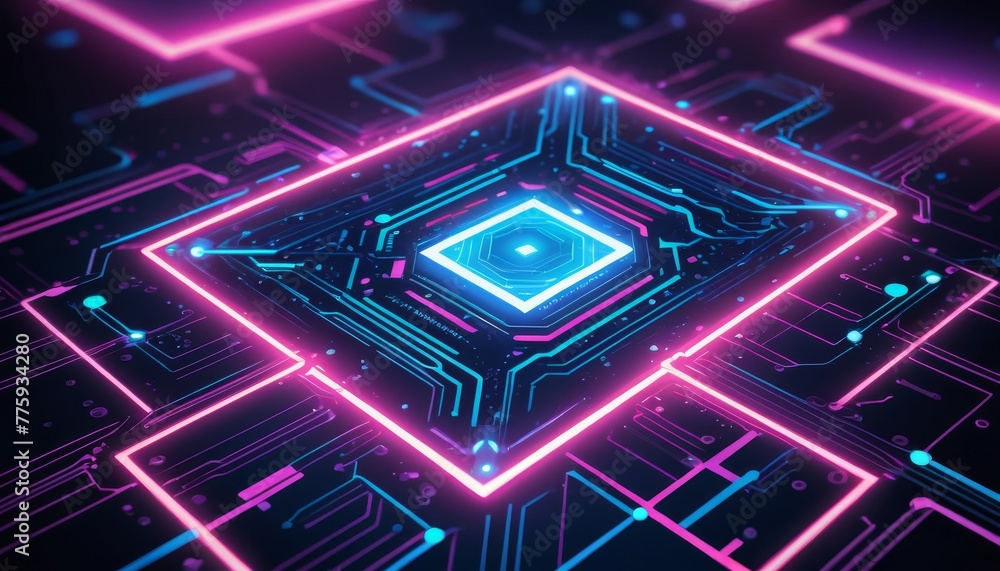 An abstract design of a neon-lit circuit board with a central hexagonal pattern, symbolizing connectivity and high-tech digital technology in a striking visual form