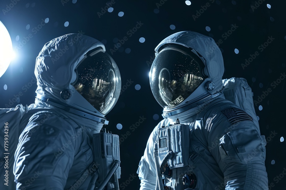 Meticulous Astronauts exploring planet sunlight. Galaxy travel. Generate Ai