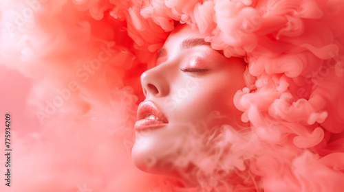A woman with pink hair and makeup is surrounded by smoke. The smoke is pink and it looks like it's coming from her hair. the smoke adds a dramatic. a young woman with her head in pink cloud