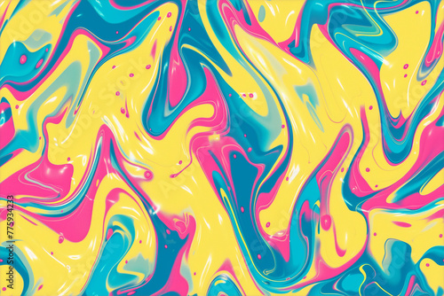 A colorful abstract painting with a yellow and blue swirl