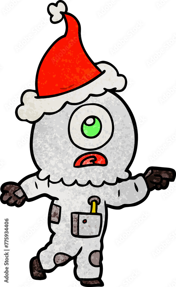 hand drawn textured cartoon of a cyclops alien spaceman pointing wearing santa hat hand drawn textured cartoon of a cyclops alien spaceman pointing wearing santa hat